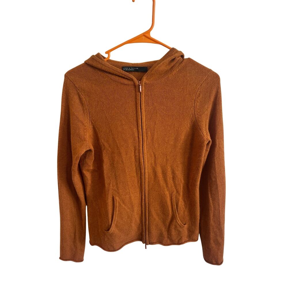 Lord & Taylor two ply cashmere Zip Up Jacket Sz S Hooded Burnt Orange Sweater